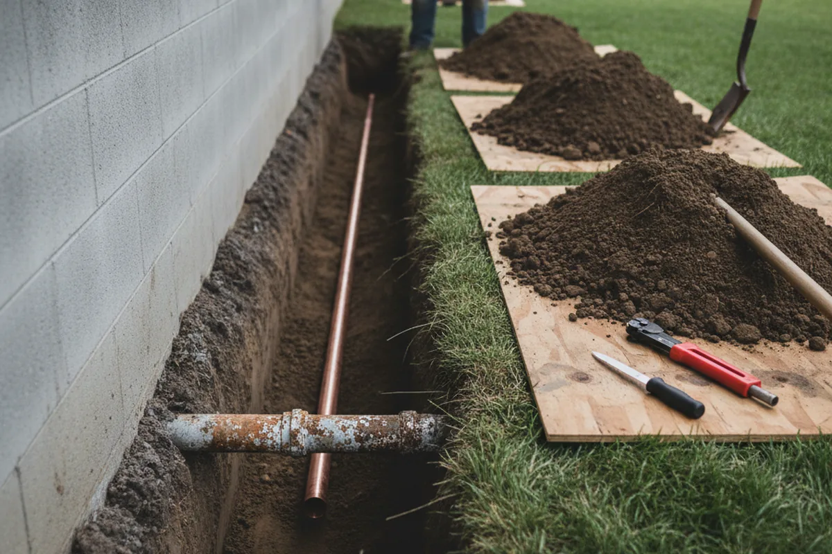 Excavated water line trench during Sewer Line Repair in Litchfield